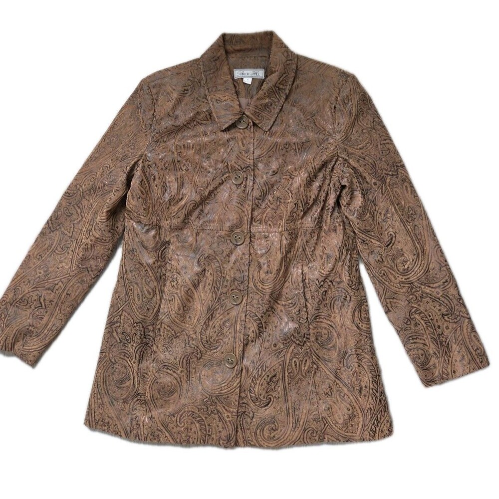 Birch Hill Paisley Jacket Sz M Brown Tapestry Button Front Velvet Burnout EUC